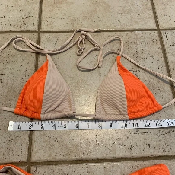 💜 Zaful Ribbed Orange and Tan Color-Block Bikini Set - Size Small - Picture 3 of 8